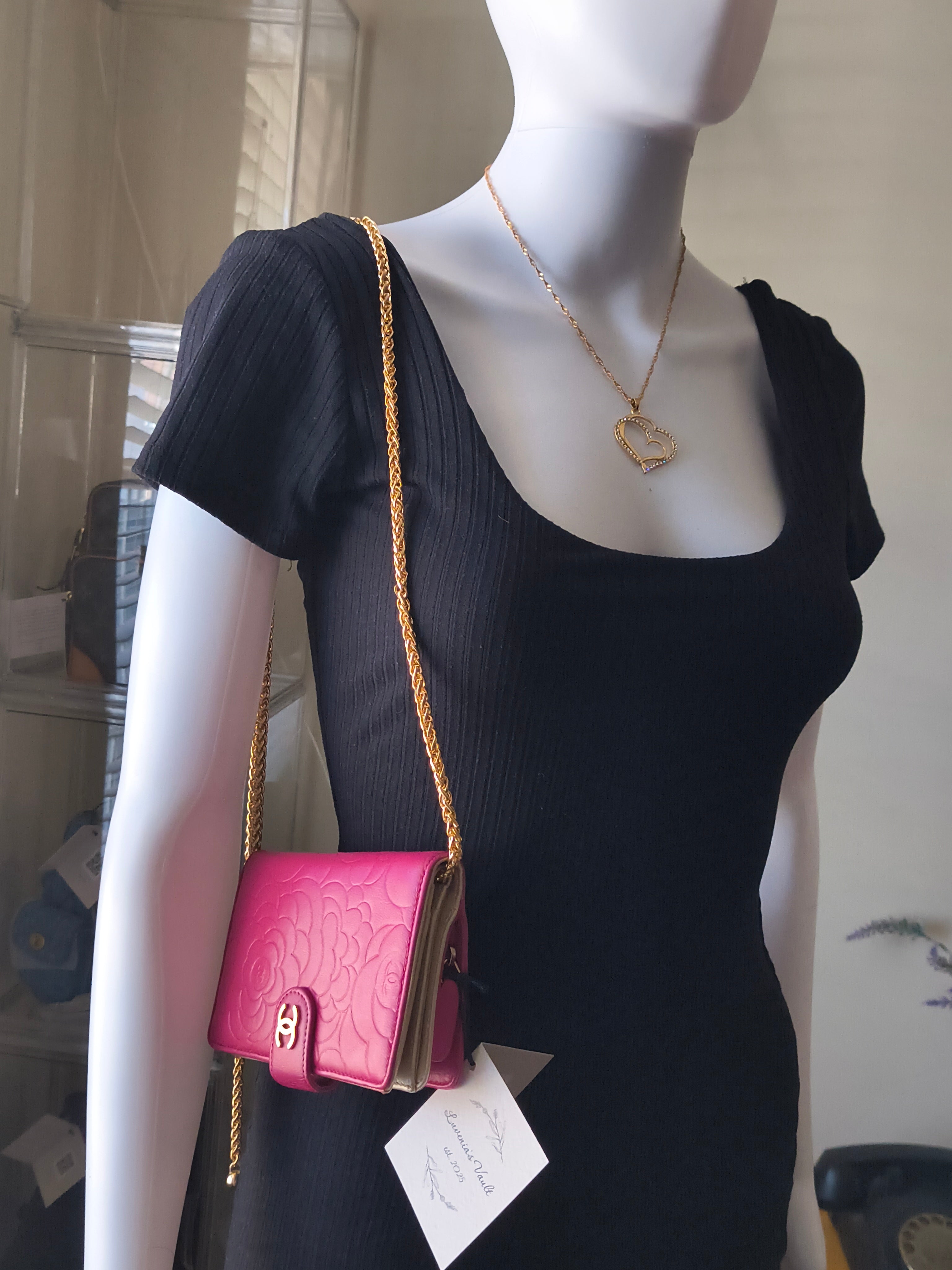 Chanel Camellia Embossed Wallet on Chain- Pink Lambskin