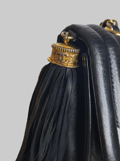 Chanel Quilted Lambskin Shoulder Bag with Maltese Fringe— Black Lambskin
