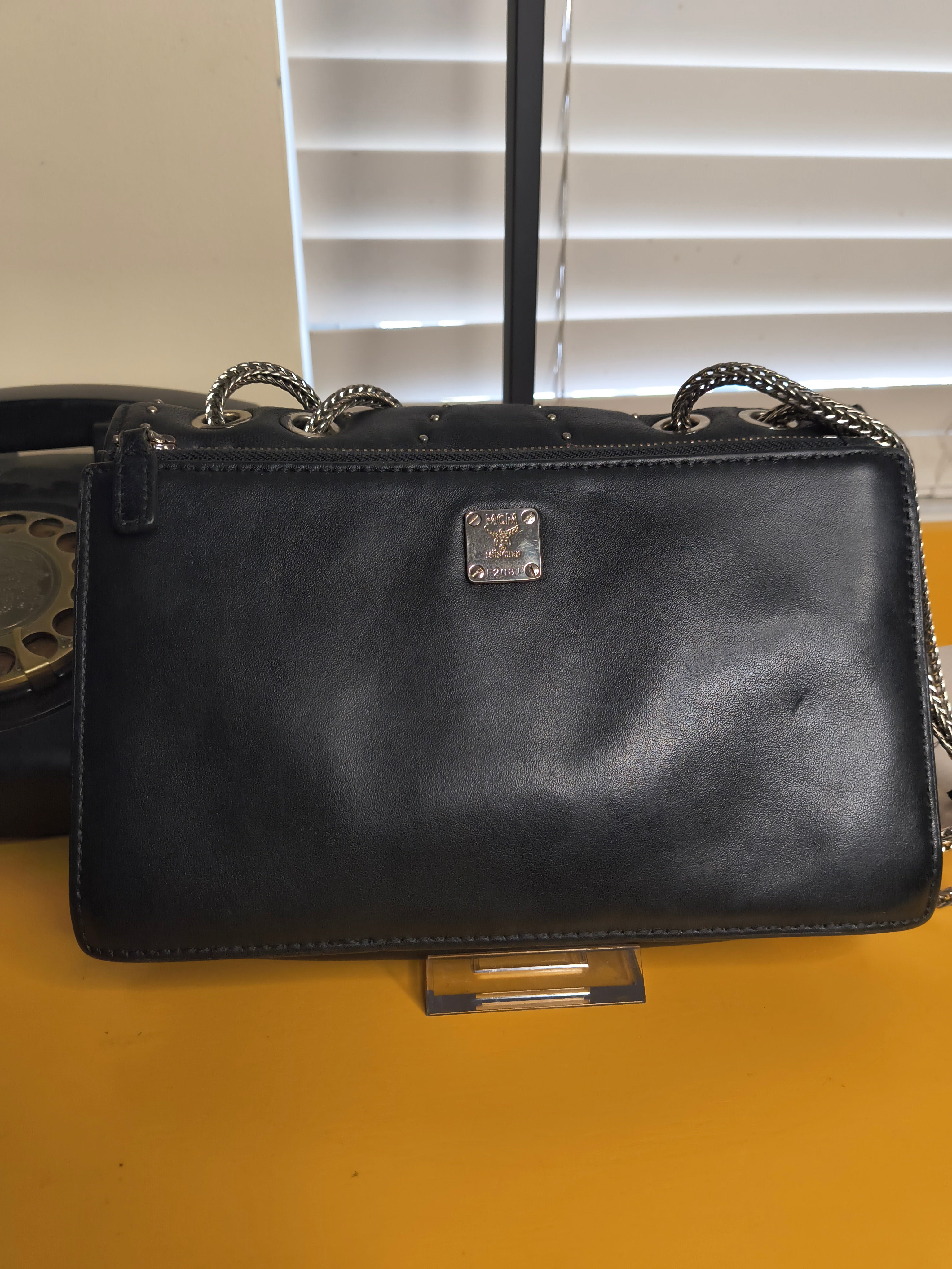 MCM Diamond Flap Leather Bag with Swarovski Crystals— Black Chain Shoulder Bag