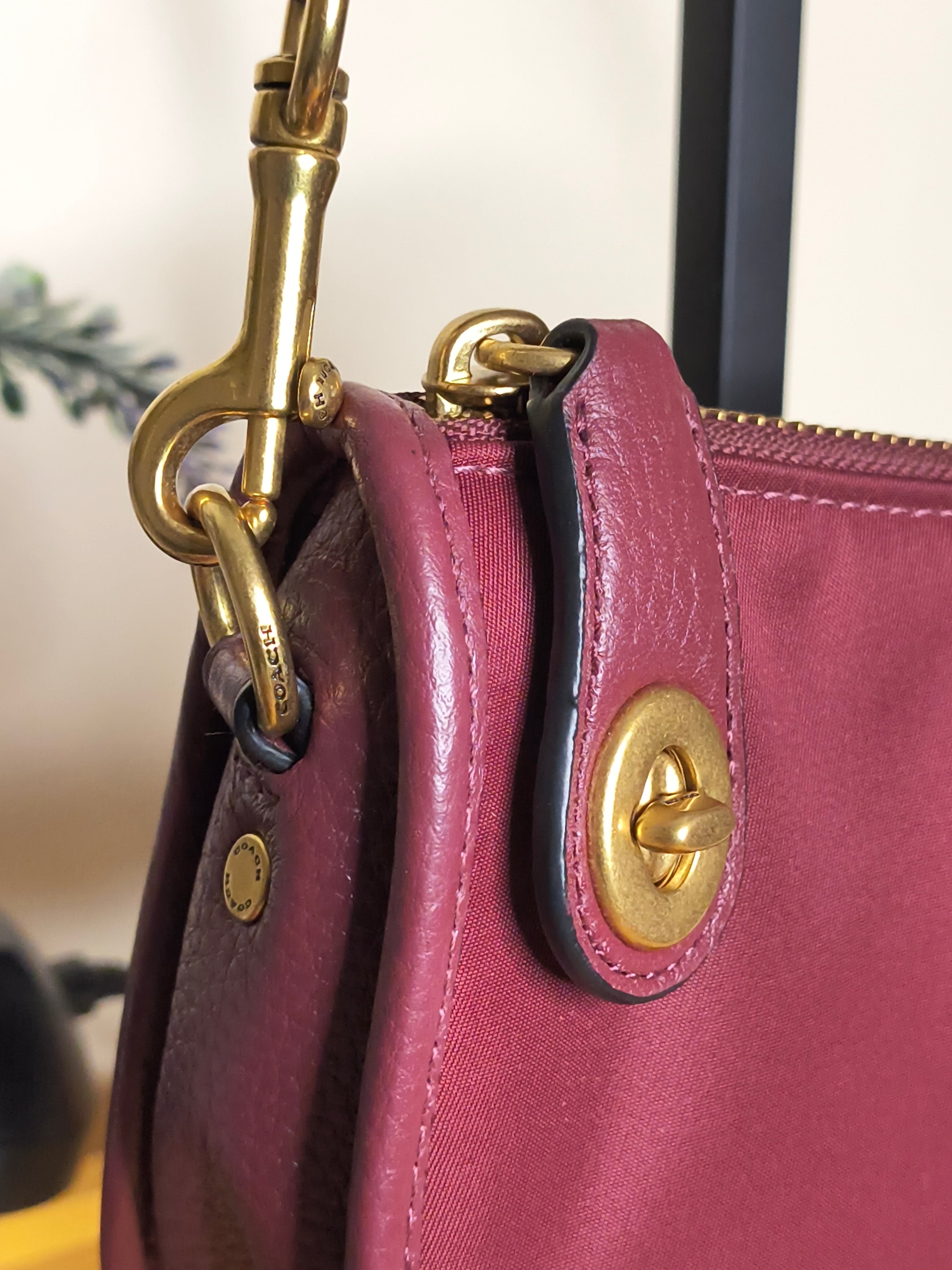 COACH Swinger Bag – Burgundy Nylon | Leather Trim | Gold Hardware