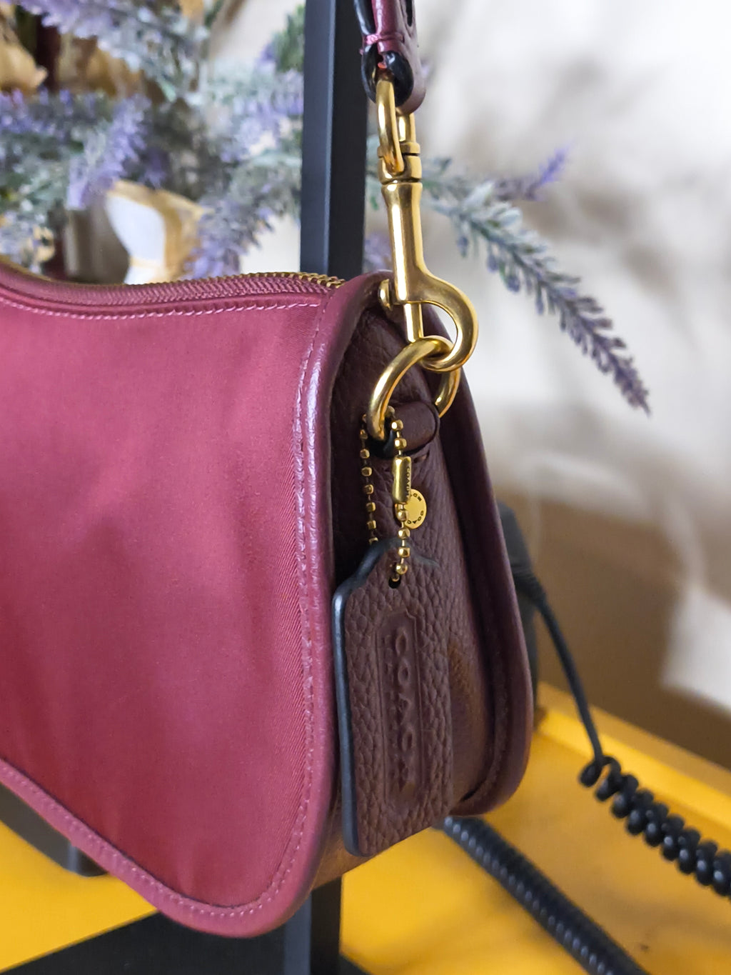 COACH Swinger Bag – Burgundy Nylon | Leather Trim | Gold Hardware