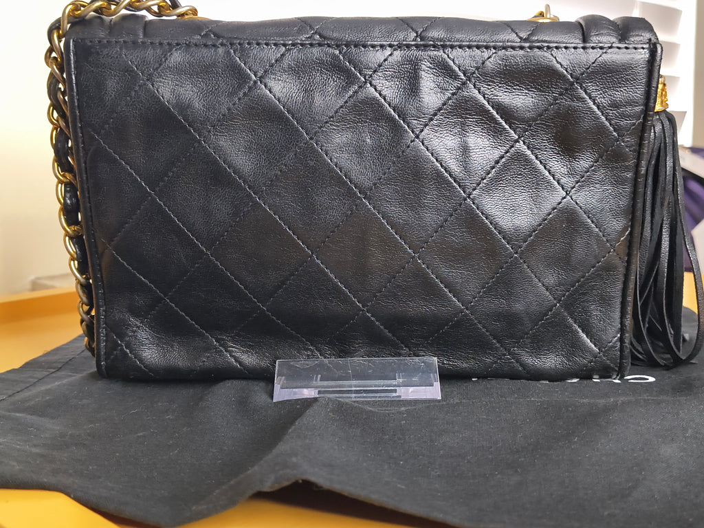 Chanel Quilted Lambskin Shoulder Bag with Maltese Fringe— Black Lambskin