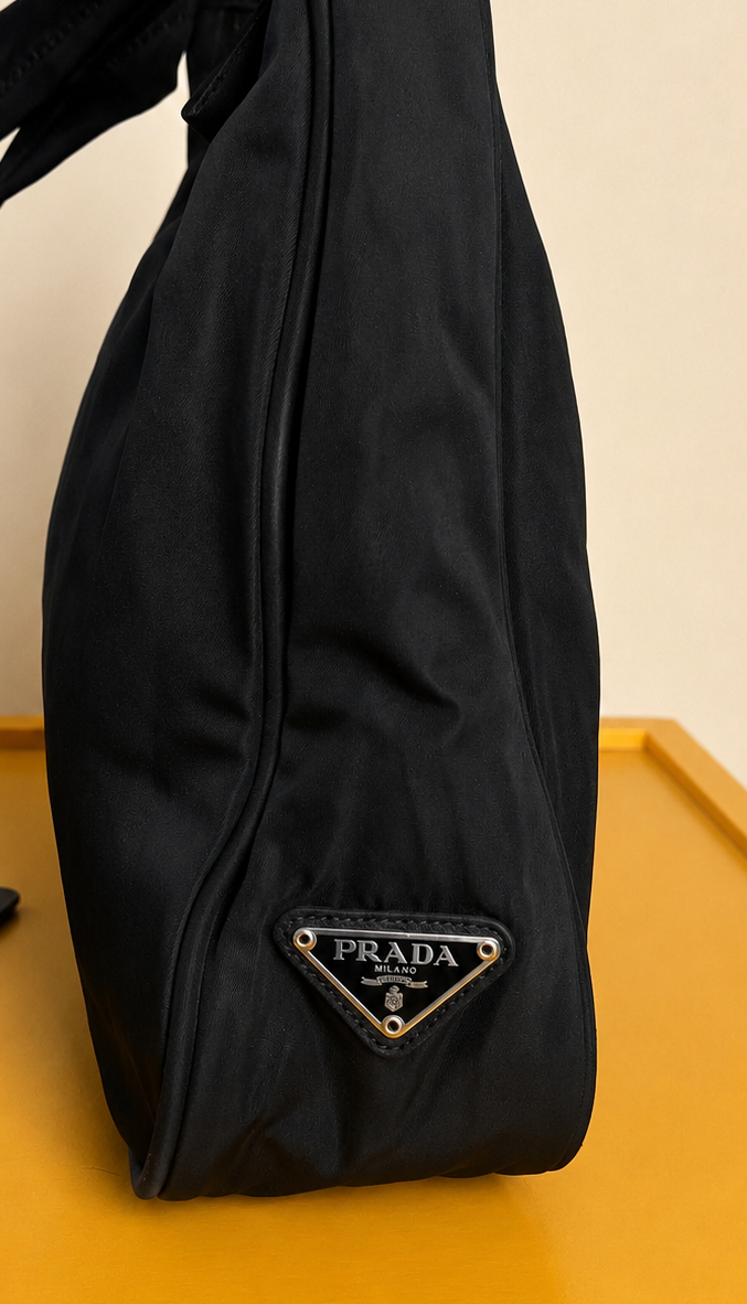 Prada Tessuto Nylon Shoulder Bag — Black Minimalist Hobo