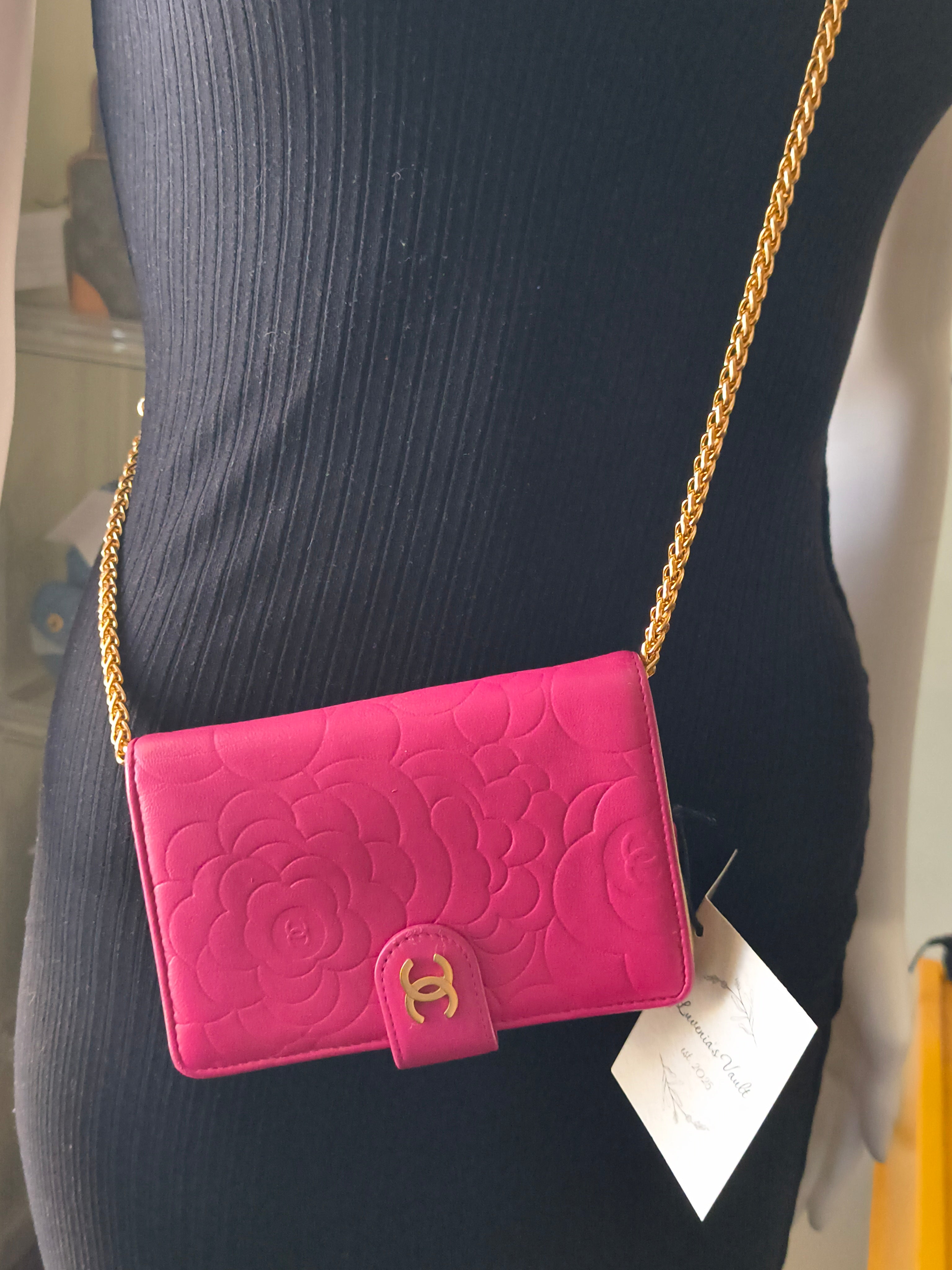 Chanel Camellia Embossed Wallet on Chain- Pink Lambskin